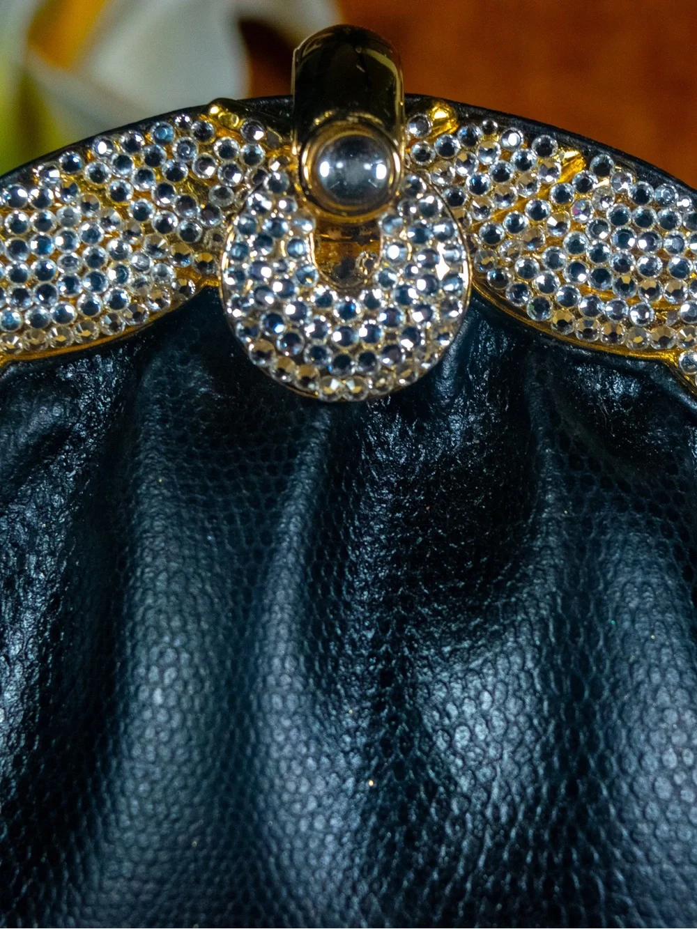 Black Evening Clutch with Gold Crystal Frame